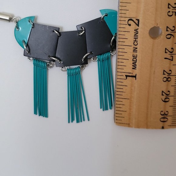 Industrial Look 16" Choker Necklace Black Plastic Medallions Dangles Blue Teal - Picture 8 of 10